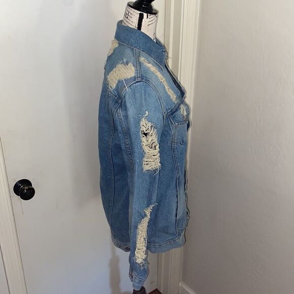 Lovers + Friends Factory Extensive Distressed Ripped Blue Denim Jacket Modern - Picture 5 of 16